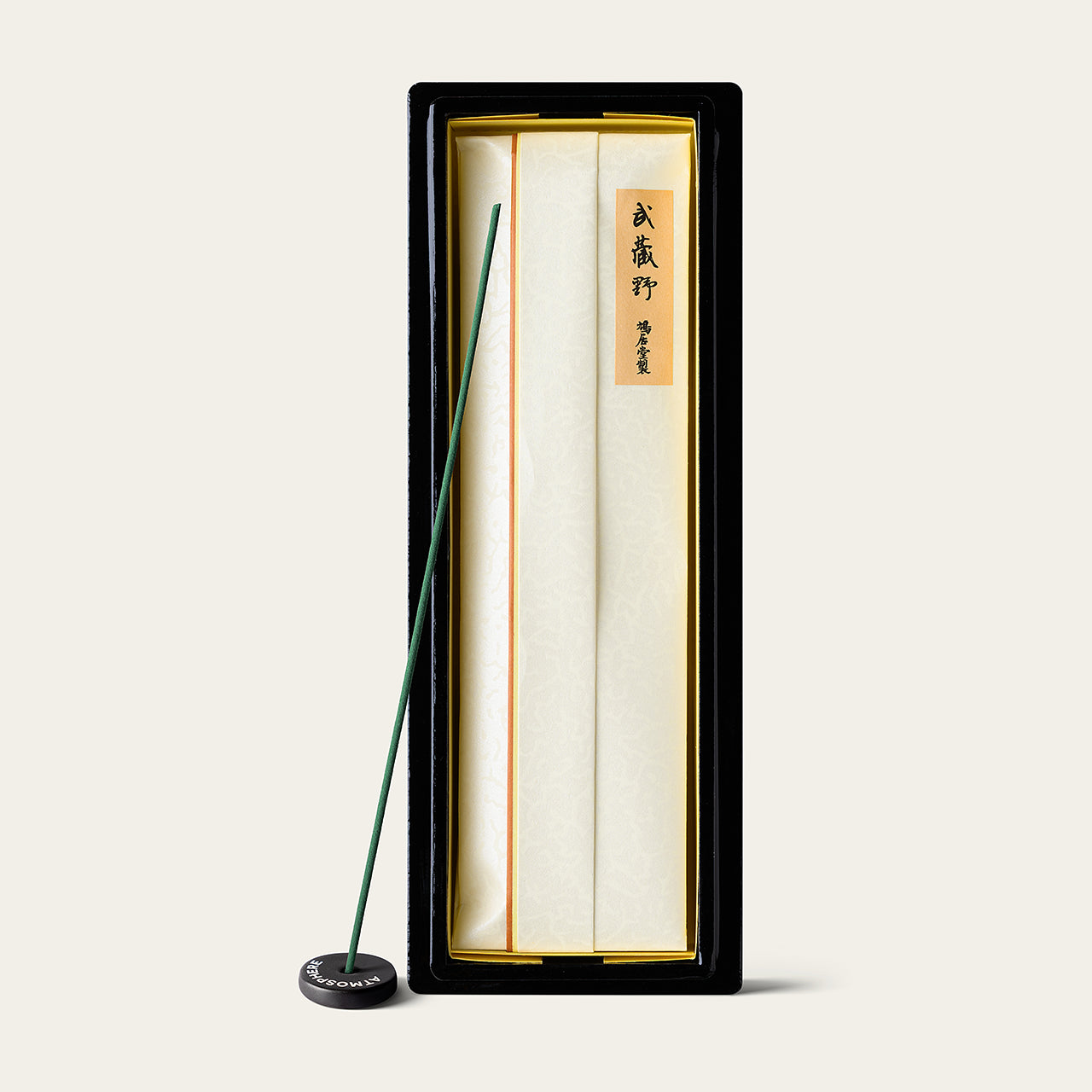 Kyukyodo Kyara Wilderness · Musashino in Black Lacquer Gift Box, opened, 20 sticks and Atmosphere Mini Incense Holder