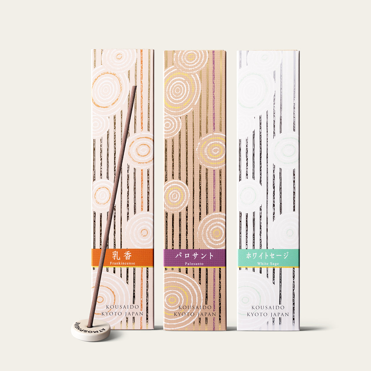 Kousaido Hyakuraku Gentle Cleansing Trio Set Japanese incense sticks (120 sticks) with Atmosphere ceramic incense holder