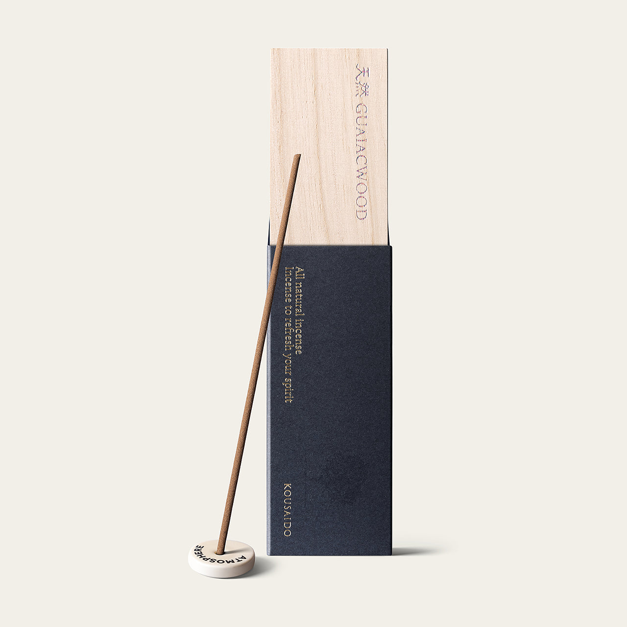 Kousaido Natural Premium Guaiacwood Japanese Incense 20 sticks with Atmosphere Mini Incense Holder in Classic Ivory