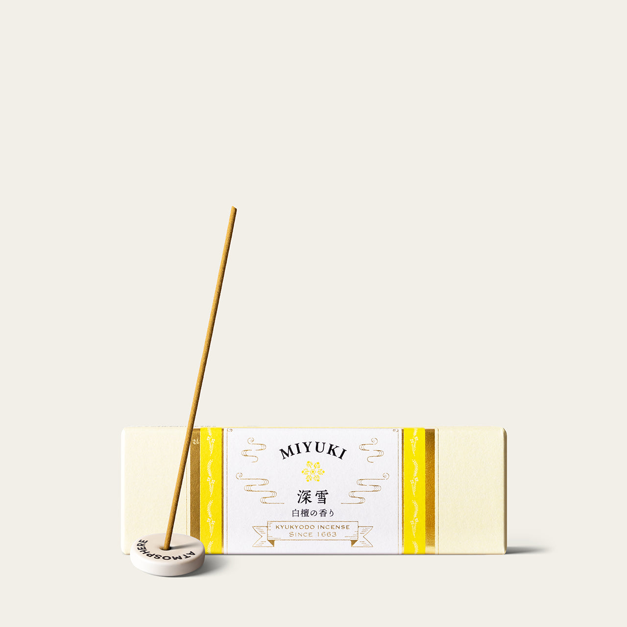 Kyukyodo Deep Snow Sandalwood Miyuki 10cm Japanese incense sticks (85 sticks) with Atmosphere ceramic incense holder